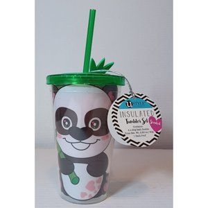 Panda Insulated Tumbler Set, w/ Cherry Scented Bath Bombs and Mesh Loofah, NWT